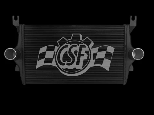 CSF intercooler for 00-03 Ford Excursion 7.3L, front view with round end tank inlets and CSF logo