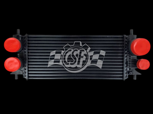CSF intercooler for 2015-2019 Ford F-150 2.7L Turbo, front view with red plastic end caps on inlet/outlet ports.