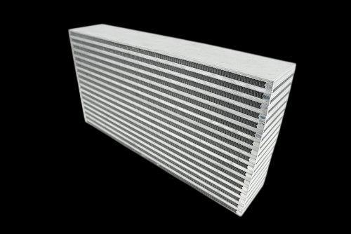 CSF cross-flow intercooler core shown at an angle, front cooling fins and end tank visible, no fittings attached.