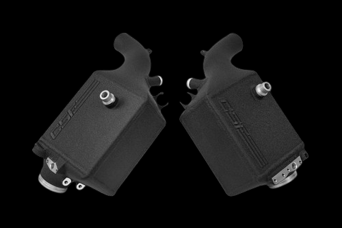 CSF twin charge air coolers for BMW M5 F90 / M8, crinkle black finish, front angled view showing inlet and outlet fittings