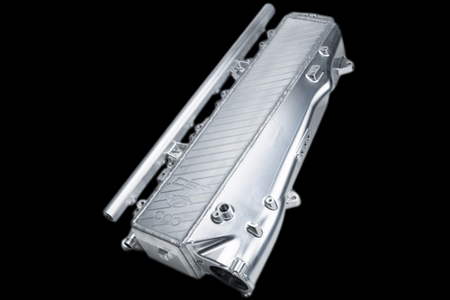 CSF billet aluminum charge air cooler manifold for B58/A90 Supra, angled top view with fittings