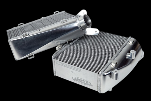 CSF Audi C8 RS6/RS7 intercooler pair, top down angle showing cores, end tank, and inlet pipe fittings