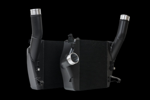 CSF high performance intercooler system, front angle, dual black end tanks with curved inlet pipes