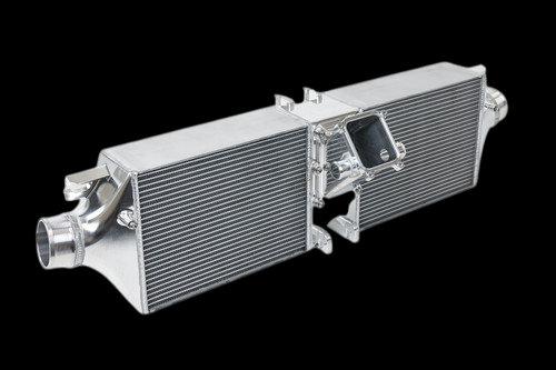 CSF intercooler for 2019+ Porsche 911 Carrera 3.0L Turbo, angled view showing dual cores, end tank and inlet piping.