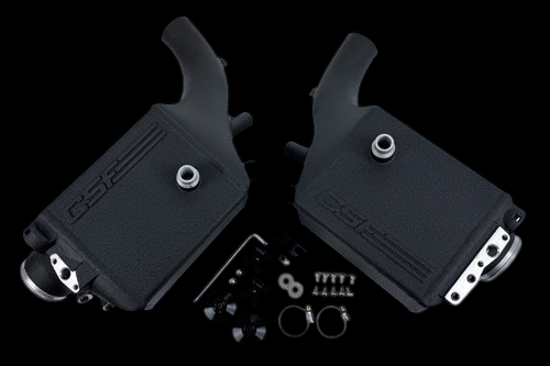 CSF charge air cooler pair for BMW X5M/X6M/XM, top view showing inlet fittings and mounting hardware