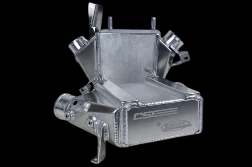 CSF McLaren 720S charge air cooler, angled front view showing brushed aluminum tanks and inlet fittings