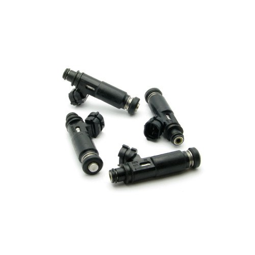 Set of four DeatschWerks 350cc top feed fuel injectors for 90-05 Miata, showing connectors and O-rings