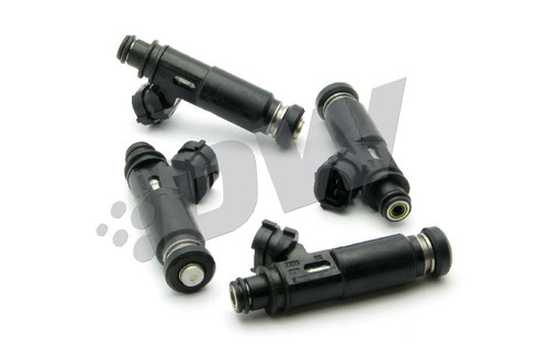 Set of four DeatschWerks 450cc top feed fuel injectors for 90-05 Miata, showing connector ends and O-ring tips.