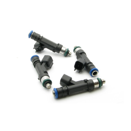 Set of four DeatschWerks 440cc top feed fuel injectors for 06+ Miata, arranged in a circle showing electrical connectors and blue O-rings.