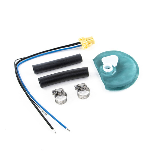 DeatschWerks DW400 fuel pump universal setup kit with wiring, hose clamps, sleeves and cover, top view