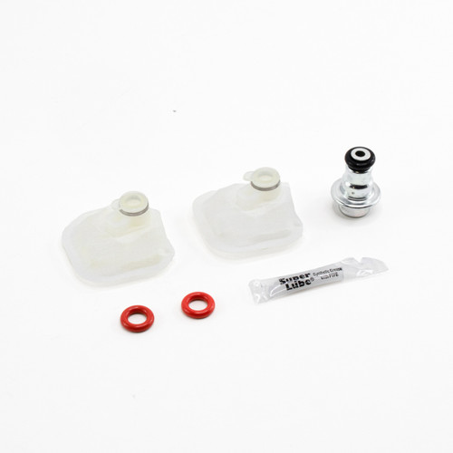 DeatschWerks DW300c fuel pump set up kit with two rubber boots, red seal rings, banjo fitting, and grease packet