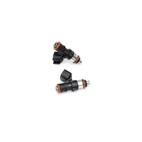 DeatschWerks 550cc fuel injectors for RZR XP 1000, set of 2, side view showing electrical connectors and O-rings