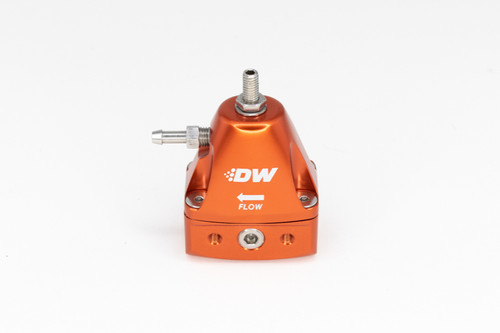 DeatschWerks DWR1000iL orange fuel pressure regulator, front angle view showing inlet fitting, adjuster and flow arrow.
