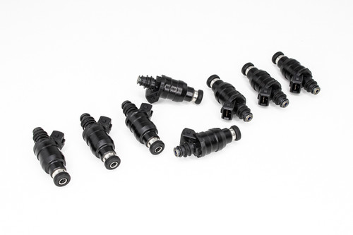 DeatschWerks 1000cc low impedance 11mm fuel injectors, set of 8, angled view showing tops and connectors