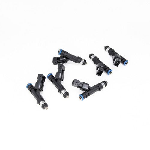 DeatschWerks 900cc fuel injectors, set of 6, black bodies with blue O-rings, top angled view.