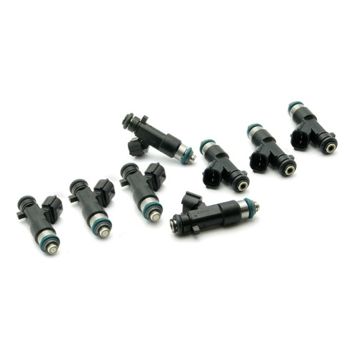 DeatschWerks 350cc fuel injectors, set of 8, angled view showing black bodies, O rings, and electrical connectors