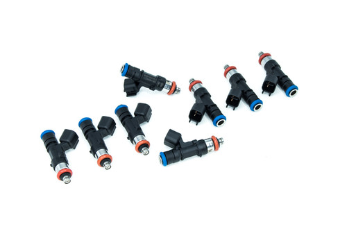 DeatschWerks 95lb fuel injectors, set of 8, angled view showing blue connectors and orange O-rings