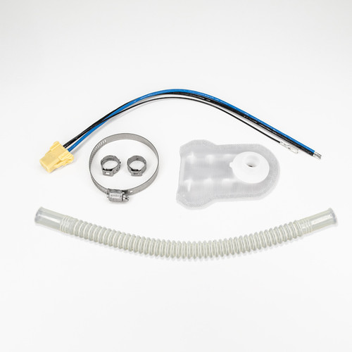 DeatschWerks E36 325i fuel pump install kit, wiring connector, hose clamps, filter sock and ribbed hose