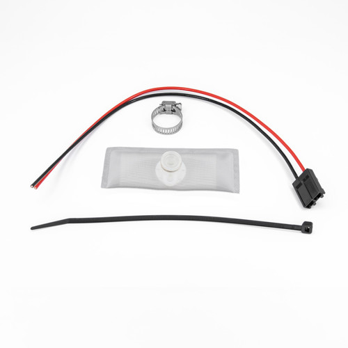 DeatschWerks DW65C fuel pump install kit with wiring harness, hose clamp, fuel sock filter, and zip tie