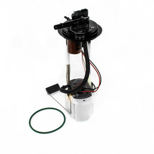 DeatschWerks DW400 fuel pump module for GM trucks, front angle, sender arm, hoses, wiring, green O ring.