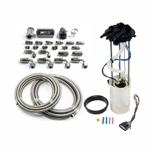 DeatschWerks DW400 fuel pump module kit with braided lines, fittings, filter, and wiring harness