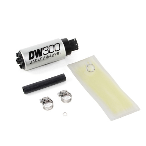 DeatschWerks DW300 fuel pump kit with rubber hose, hose clamps, filter sock and grommet, top view