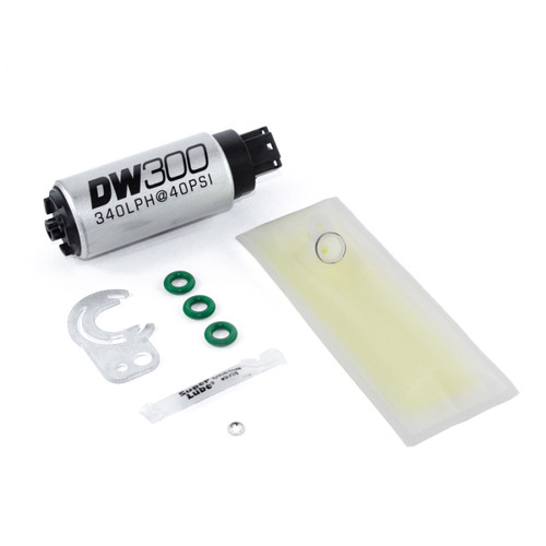 DeatschWerks DW300 fuel pump with install kit: pump, filter sock, o-rings, clip, grommet, lube packet
