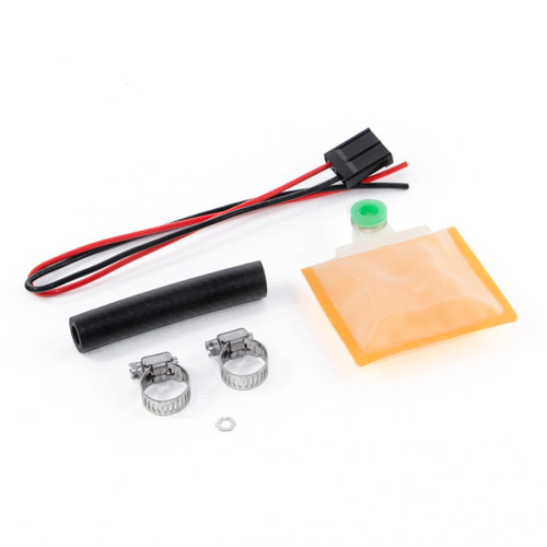 DeatschWerks Universal Fuel Pump Set Up Kit showing wiring connector, rubber hose, hose clamps, washer and sealant pouch