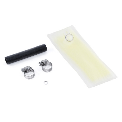 DeatschWerks fuel pump setup kit showing rubber hose, two hose clamps, small washer, and fuel filter sock with wire ring.