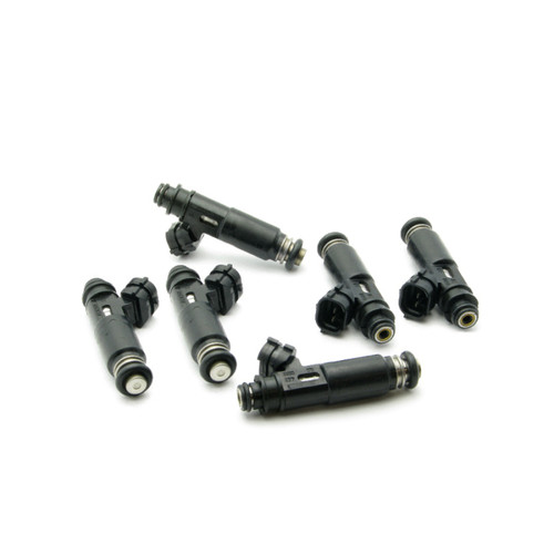 Set of six DeatschWerks 420cc fuel injectors for Lexus IS300 2JZ-GE, arranged in a loose overlapping pile showing electrical connectors and nozzle