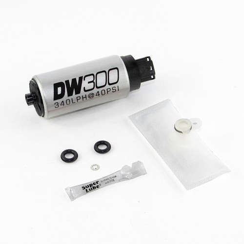 DeatschWerks DW300 in-tank fuel pump kit with two O-rings, filter sock, and lube packet, angled view