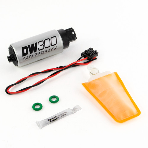 DeatschWerks DW300 fuel pump kit with wiring harness, orange filter sock, o-rings and lubricant packet.