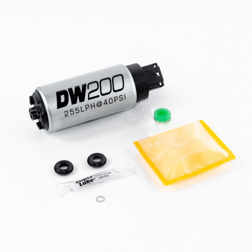 DeatschWerks DW200 255 LPH fuel pump kit with grommets, filter sock, and install hardware