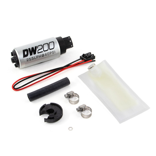 DeatschWerks DW200 255 LPH fuel pump kit with wiring, hose, filter sock, clamps and mounting base