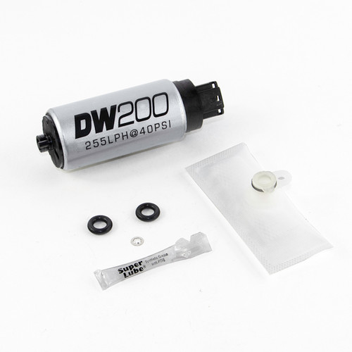 DeatschWerks DW200 255 LPH fuel pump with install kit, filter sock, seals and lube, top view