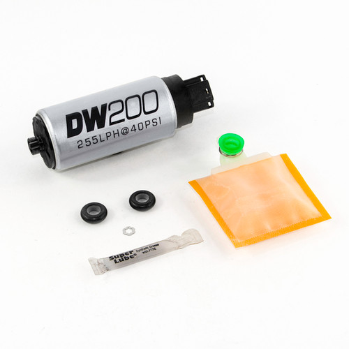 DeatschWerks DW200 255 LPH fuel pump with rubber grommets, install kit packet, and lube tube