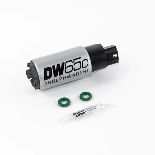 DeatschWerks DW65C 265lph fuel pump with black connector, two green o-rings, and lube packet