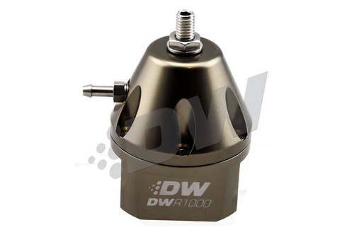 DeatschWerks DWR1000 titanium fuel pressure regulator, front angle view showing inlet fitting and adjustment top