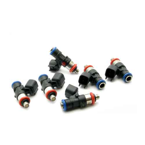 DeatschWerks 65lb fuel injectors for 3.7L V6 Mustang, seven units shown at angles with red and blue O-rings, connector tips visible