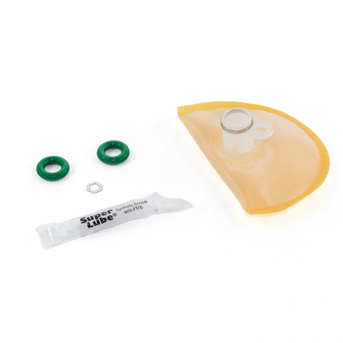DeatschWerks fuel pump set up kit with two green O-rings, mesh strainer sock, hex nut, and grease packet