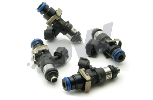 Set of four DeatschWerks 2200cc fuel injectors for 07-12 Mitsubishi Evo X, black bodies with blue O-rings, top view