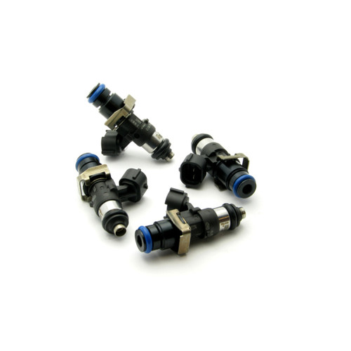DeatschWerks 2200cc fuel injectors, set of four, black bodies with blue top caps, metal clips visible