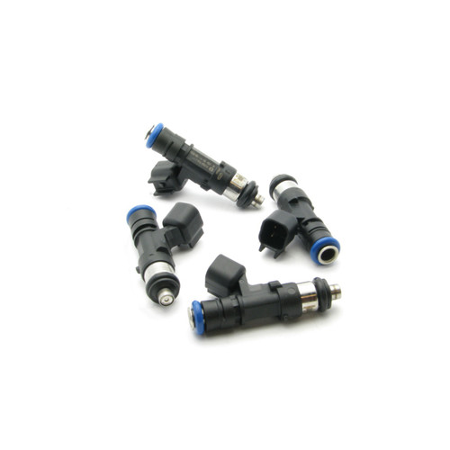 DeatschWerks 1000cc fuel injectors, set of four, angled view showing blue O-rings and connectors
