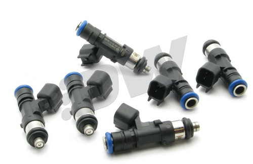 DeatschWerks 1000cc fuel injector set of six with blue tops, angled fittings and electrical connectors visible