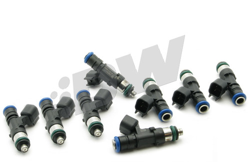 Set of 8 DeatschWerks 72lb fuel injectors for LS2 5.7L 6.1L HEMI, arranged fanned out showing black bodies, blue tops, connectors and O-rings.