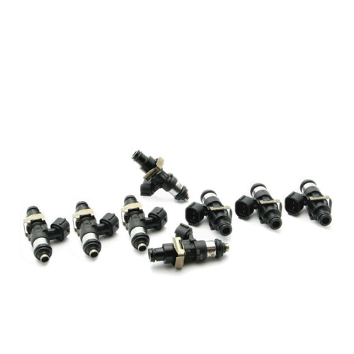Set of 8 DeatschWerks Bosch EV14 220lb/hr fuel injectors, black bodies with metal clips, angled view