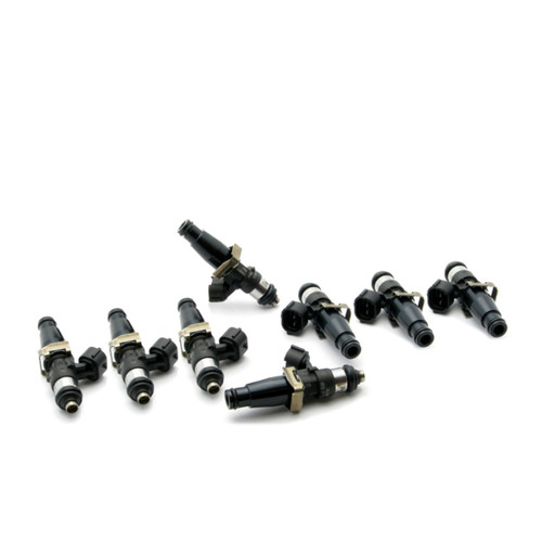 DeatschWerks EV14 220lb/hr fuel injectors, set of 8, arranged staggered, showing black bodies and electrical connectors.