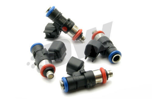 Set of four DeatschWerks Bosch EV14 50lb/hr fuel injectors, top down angle, blue and red o-rings visible