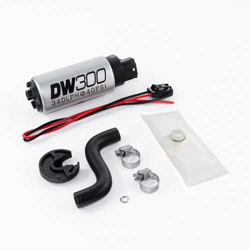 DeatschWerks DW300 in tank fuel pump with wiring, hose, clamps, filter sock and mounting kit laid out