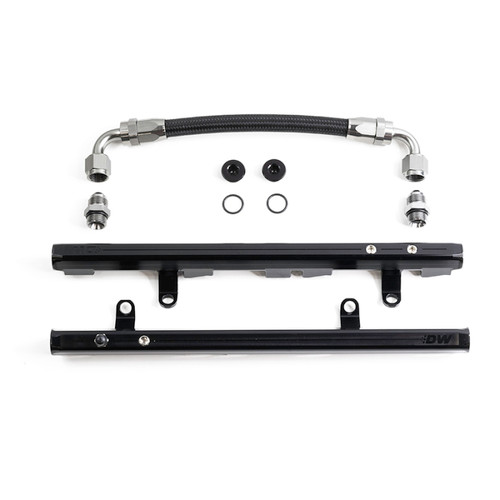 DeatschWerks LS1/LS6 fuel rails with braided crossover hose, black rails, fittings and o-rings shown flat.